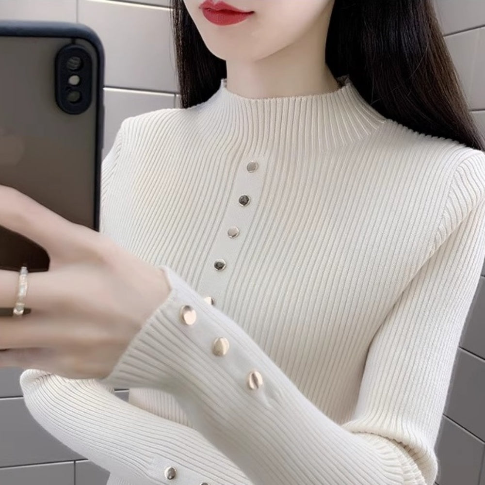 金ボタンデザインハイネックリブニット｜オフィスカジュアル レディース 通販【ミレジェネ】
