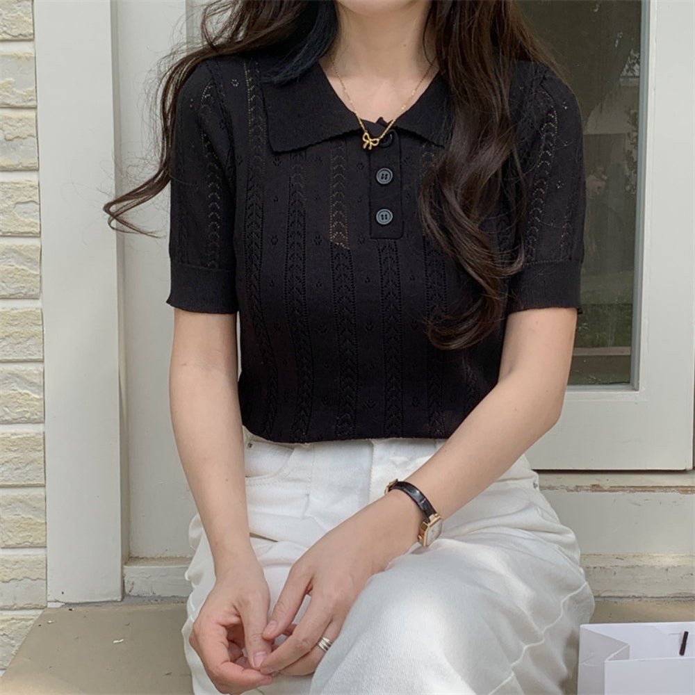 【骨格ストレートさんにおすすめ】透かし編みニットポロトップス[ミレジェネ]｜オフィスカジュアル レディース 通販【ミレジェネ】