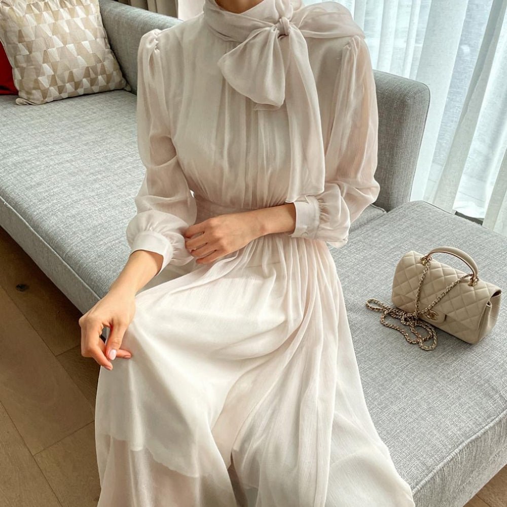 ボウタイネックシフォンフレアワンピース｜オフィスカジュアル レディース 通販【ミレジェネ】