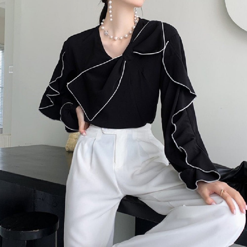 バイカラービッグリボンフリルブラウス｜オフィスカジュアル レディース 通販【ミレジェネ】