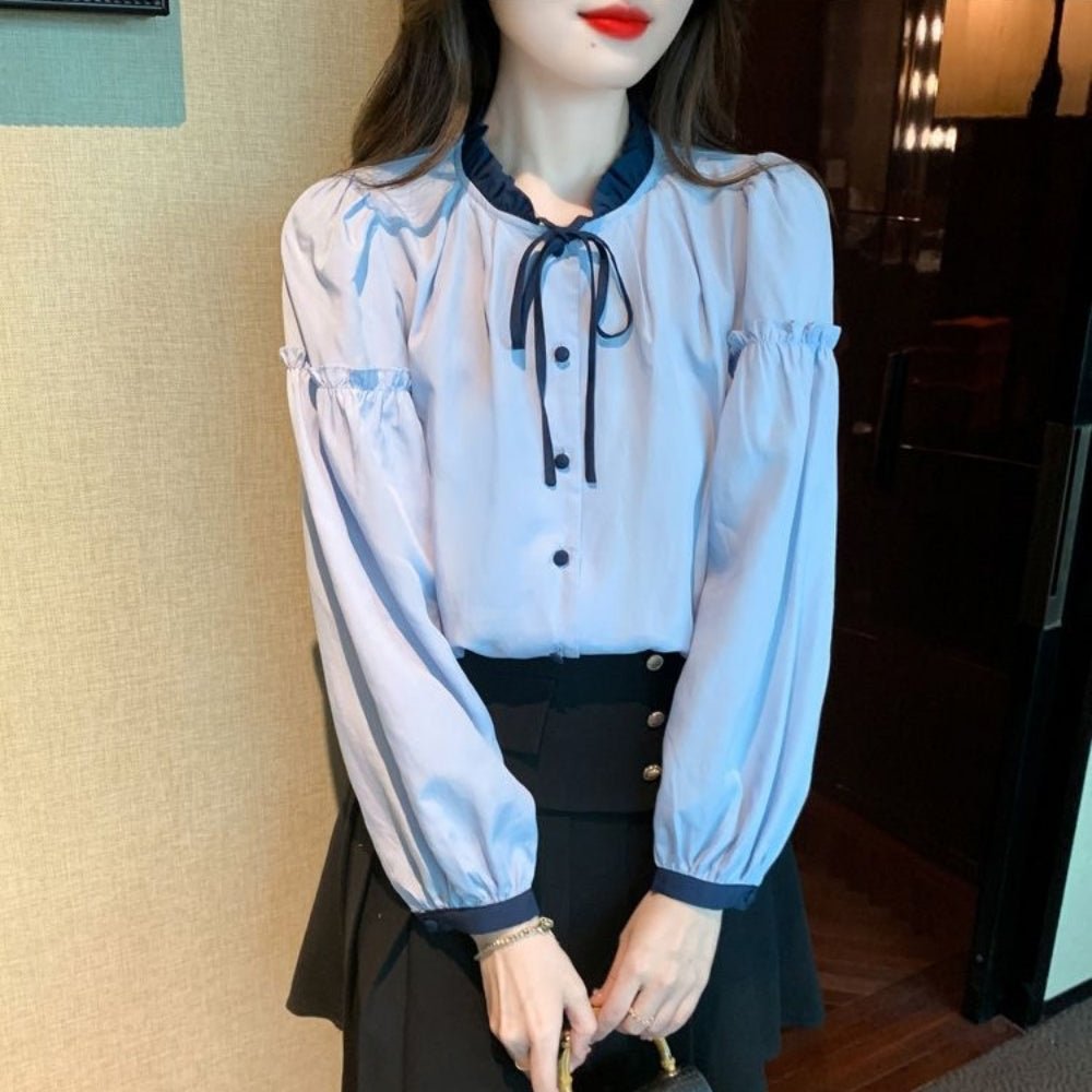 【オフィスカジュアル/きれいめ】フリル襟バイカラーブラウス [ミレジェネ]｜オフィスカジュアル レディース 通販【ミレジェネ】
