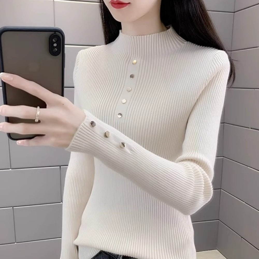 金ボタンデザインハイネックリブニット｜オフィスカジュアル レディース 通販【ミレジェネ】