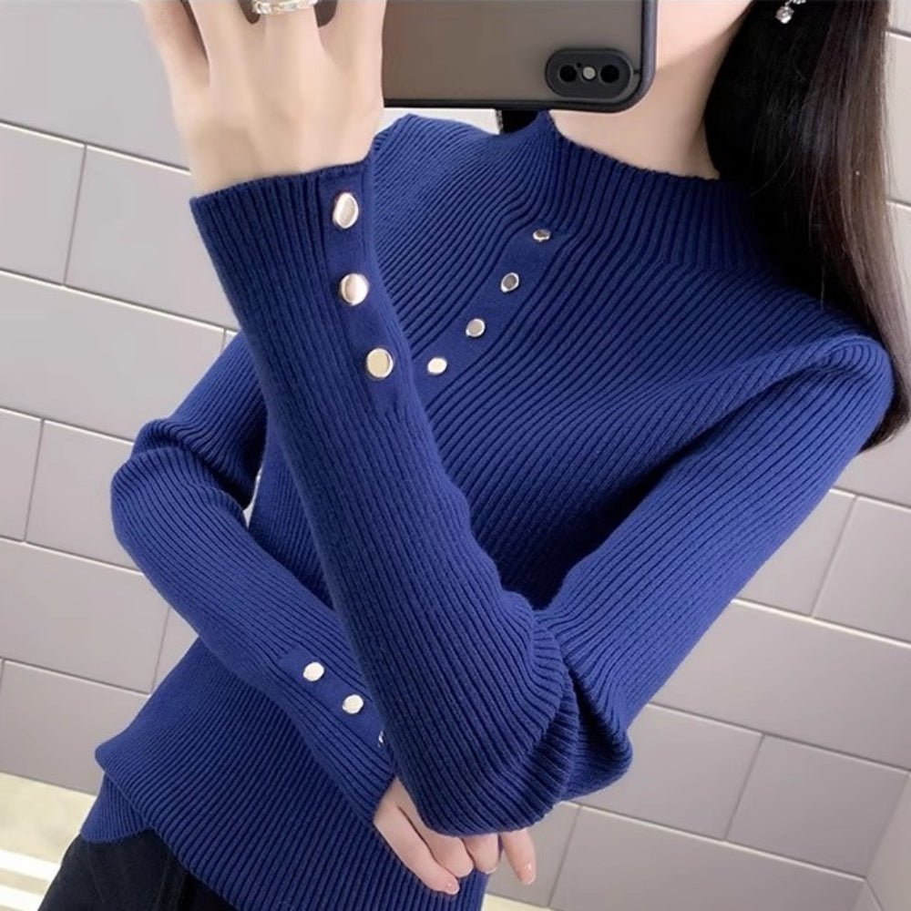 金ボタンデザインハイネックリブニット｜オフィスカジュアル レディース 通販【ミレジェネ】