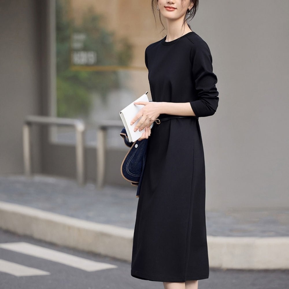 ウエストベルトラウンドネックワンピース｜オフィスカジュアル レディース 通販【ミレジェネ】