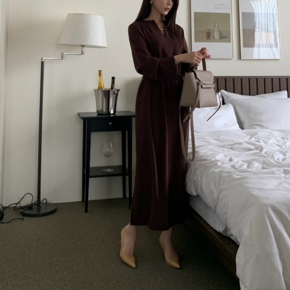 スリットネックベルト付きロングワンピース｜オフィスカジュアル レディース 通販【ミレジェネ】