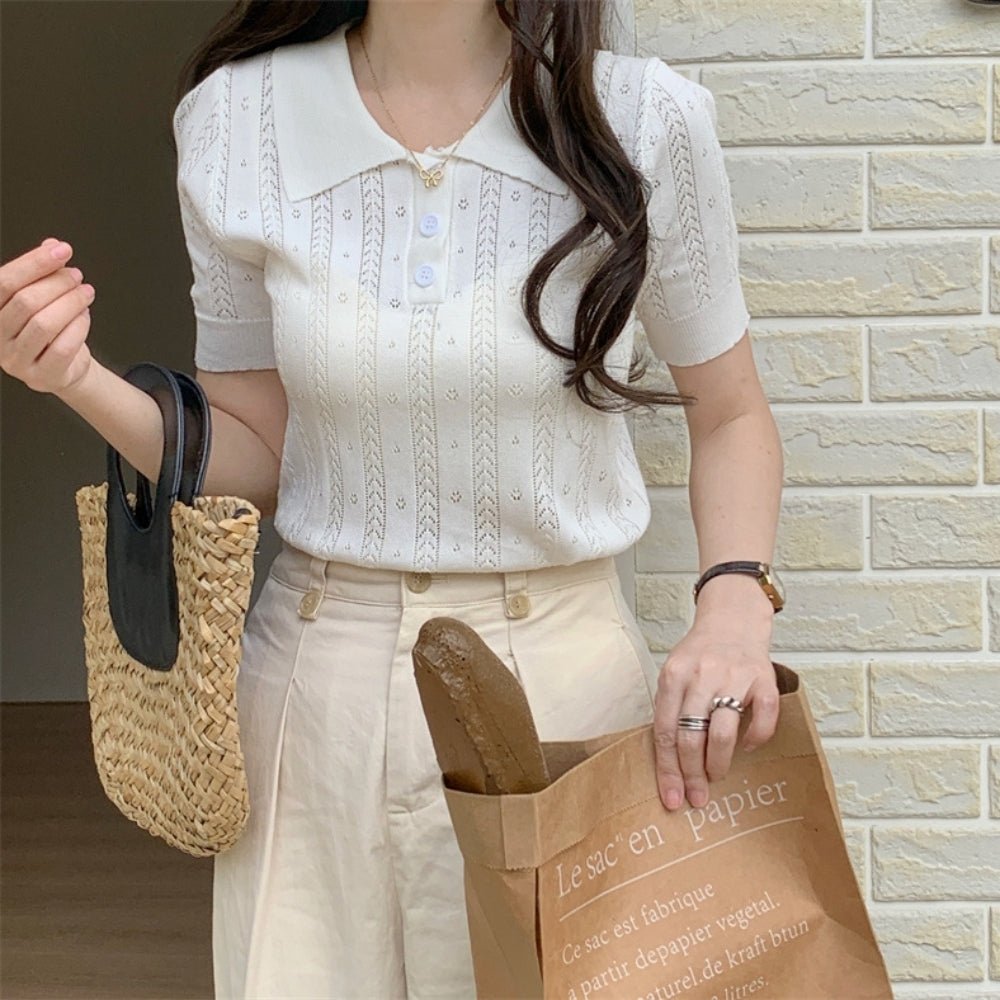 【骨格ストレートさんにおすすめ】透かし編みニットポロトップス[ミレジェネ]｜オフィスカジュアル レディース 通販【ミレジェネ】