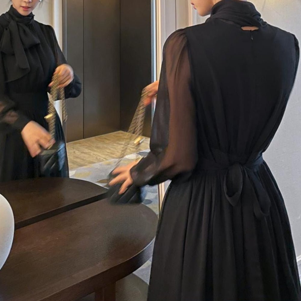 ボウタイネックシフォンフレアワンピース｜オフィスカジュアル レディース 通販【ミレジェネ】