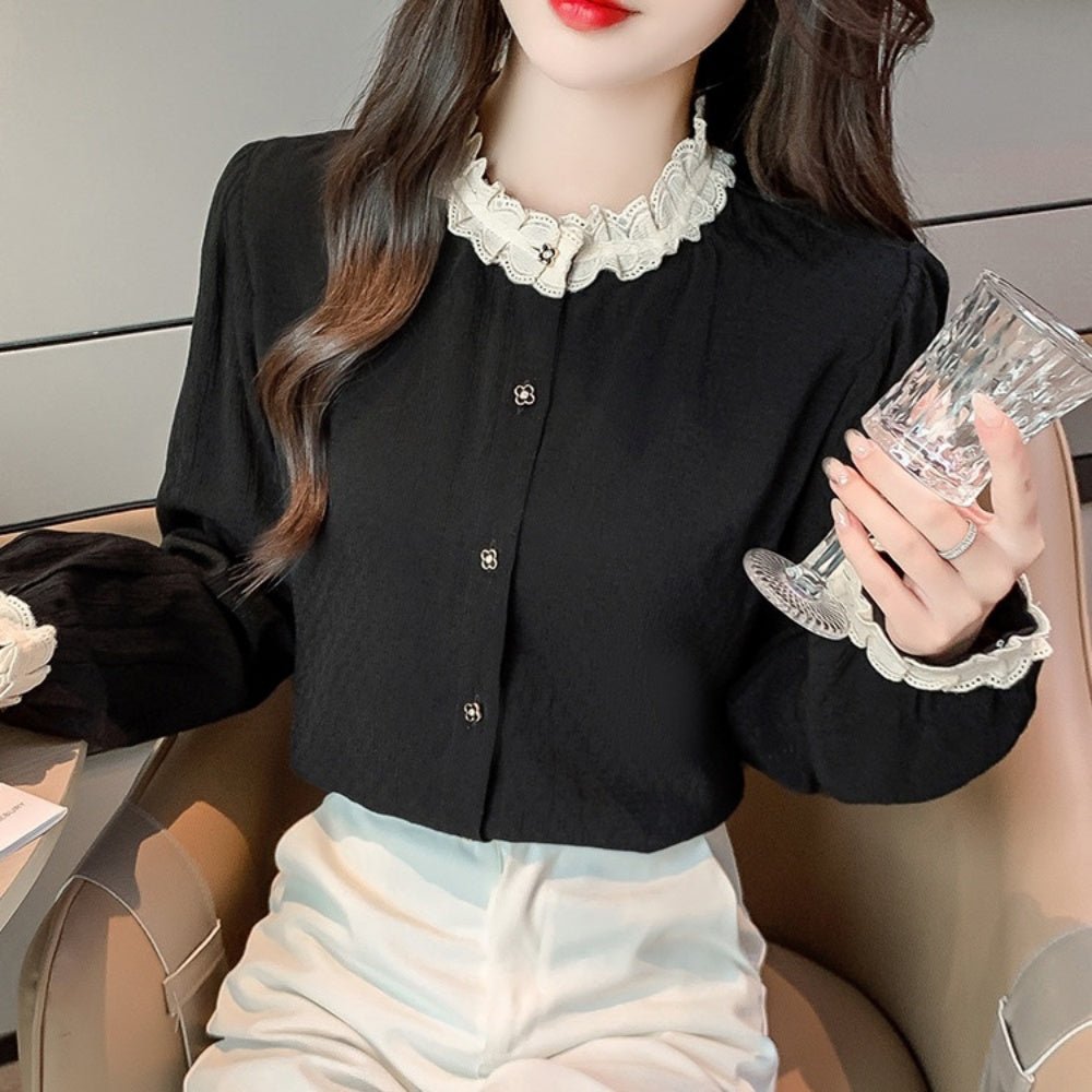 配色フリルトリムノーカラーブラウス｜オフィスカジュアル レディース 通販【ミレジェネ】