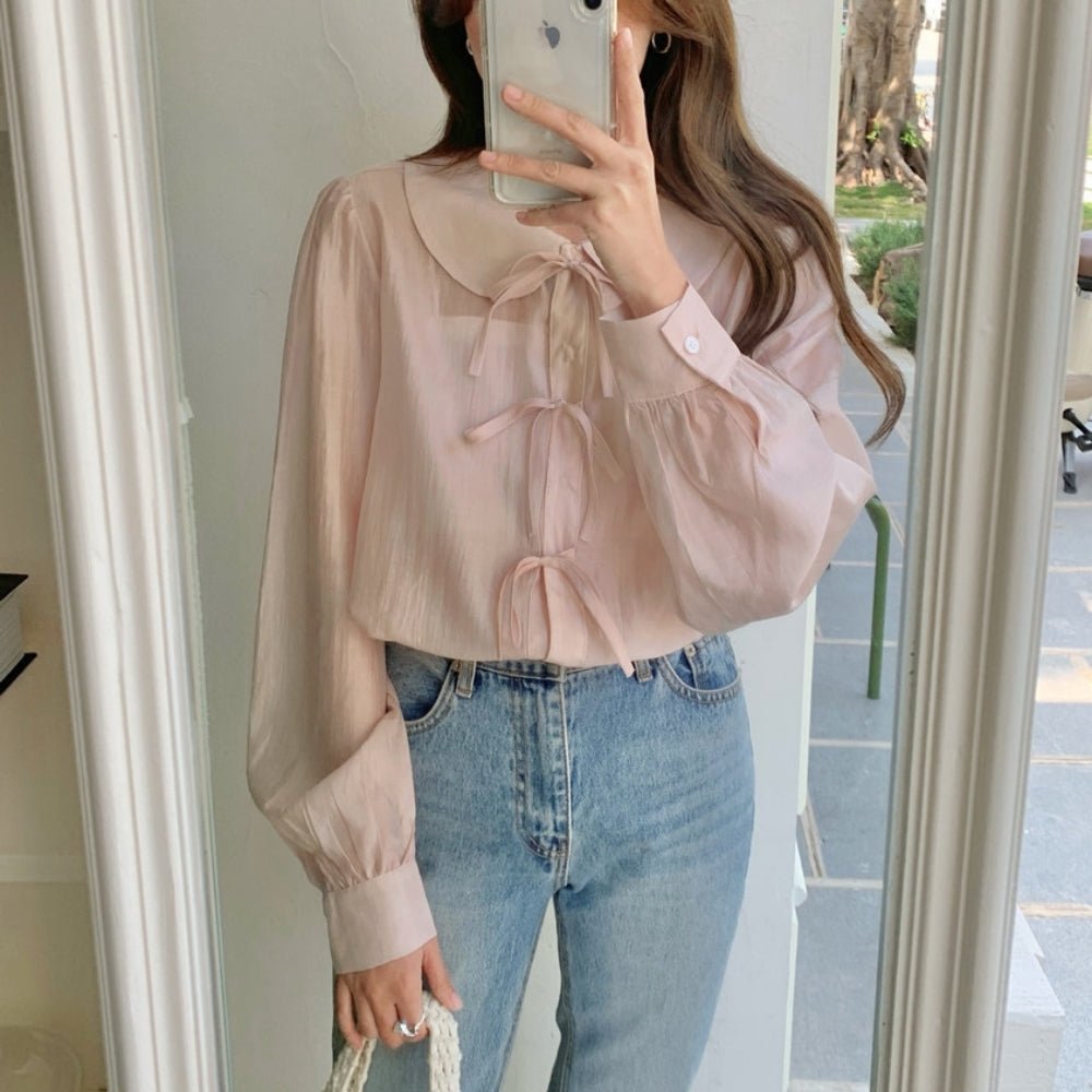 フラットカラーナローリボンシアーブラウス｜オフィスカジュアル レディース 通販【ミレジェネ】