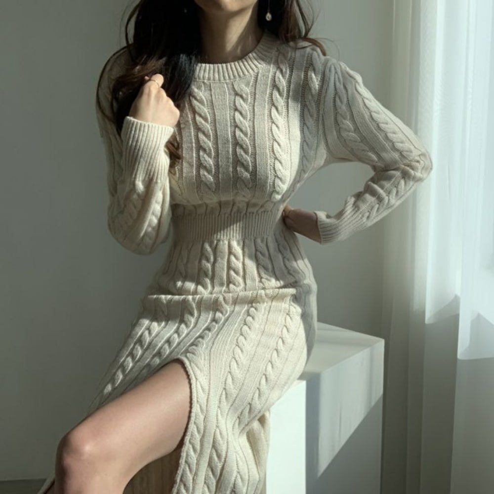 スリット入りケーブルニットワンピース｜オフィスカジュアル レディース 通販【ミレジェネ】