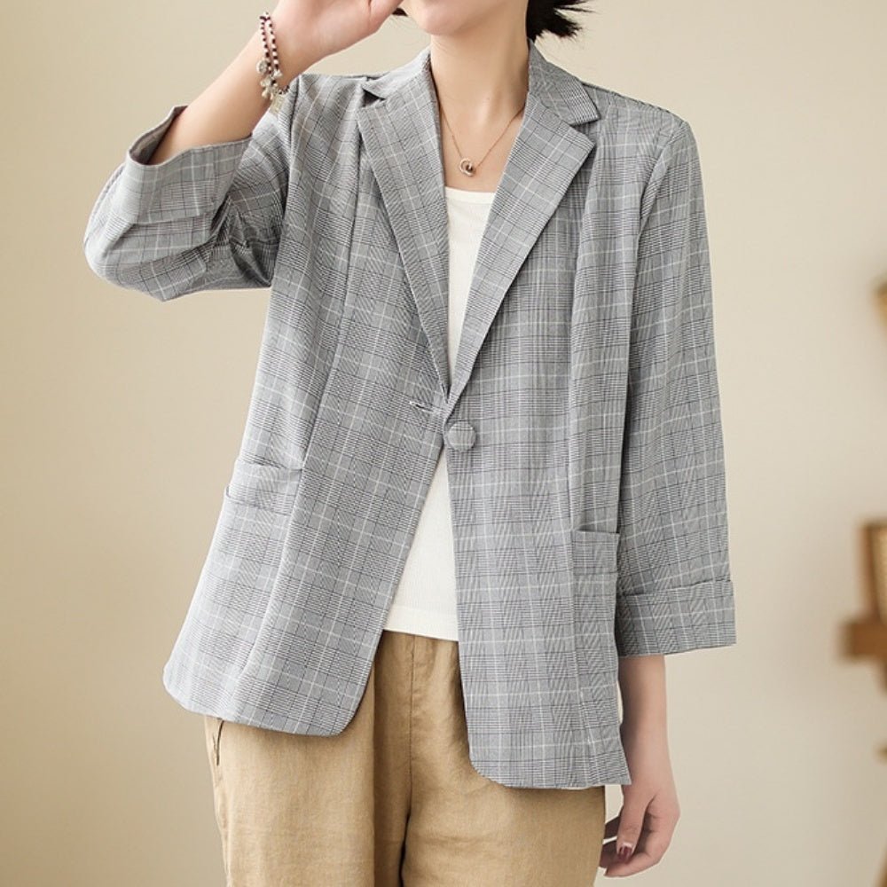 テーラードカラーチェック柄七分袖ジャケット｜オフィスカジュアル