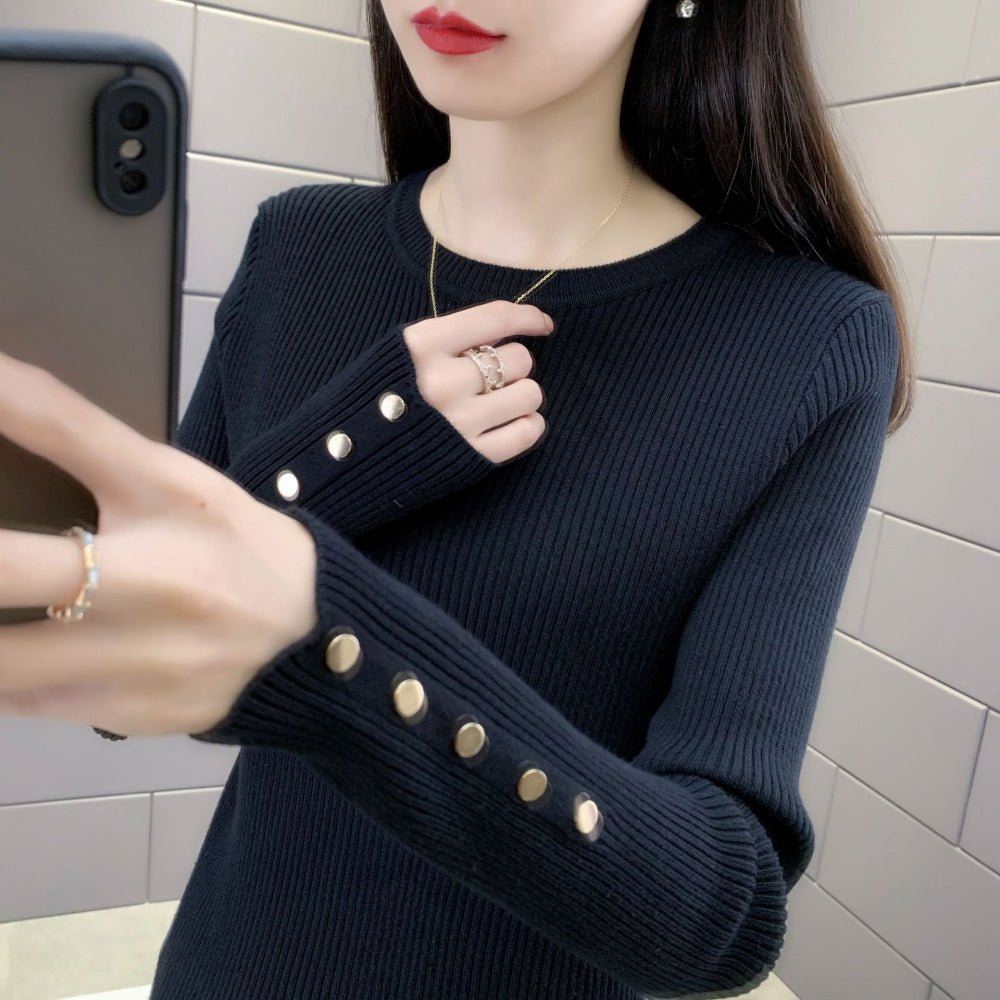 金ボタンクルーネックリブニット｜オフィスカジュアル レディース 通販【ミレジェネ】