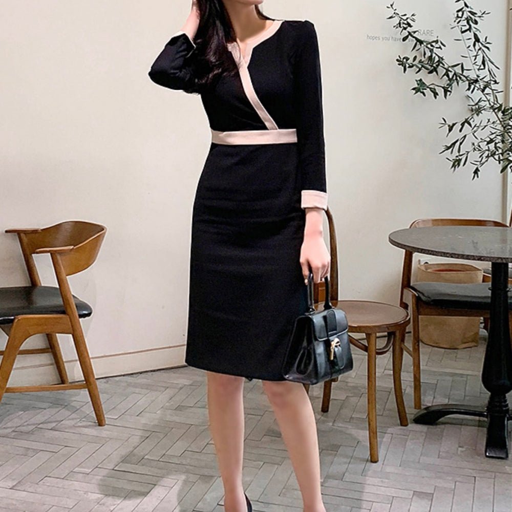 配色ラインＶネックスリムワンピース｜オフィスカジュアル レディース 通販【ミレジェネ】