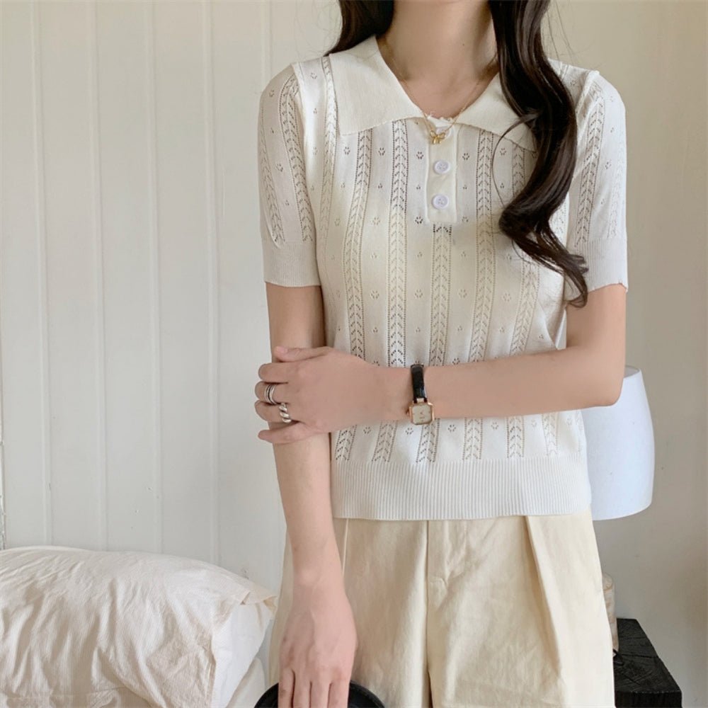 【骨格ストレートさんにおすすめ】透かし編みニットポロトップス[ミレジェネ]｜オフィスカジュアル レディース 通販【ミレジェネ】