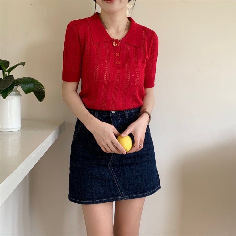 【骨格ストレートさんにおすすめ】透かし編みニットポロトップス[ミレジェネ]｜オフィスカジュアル レディース 通販【ミレジェネ】