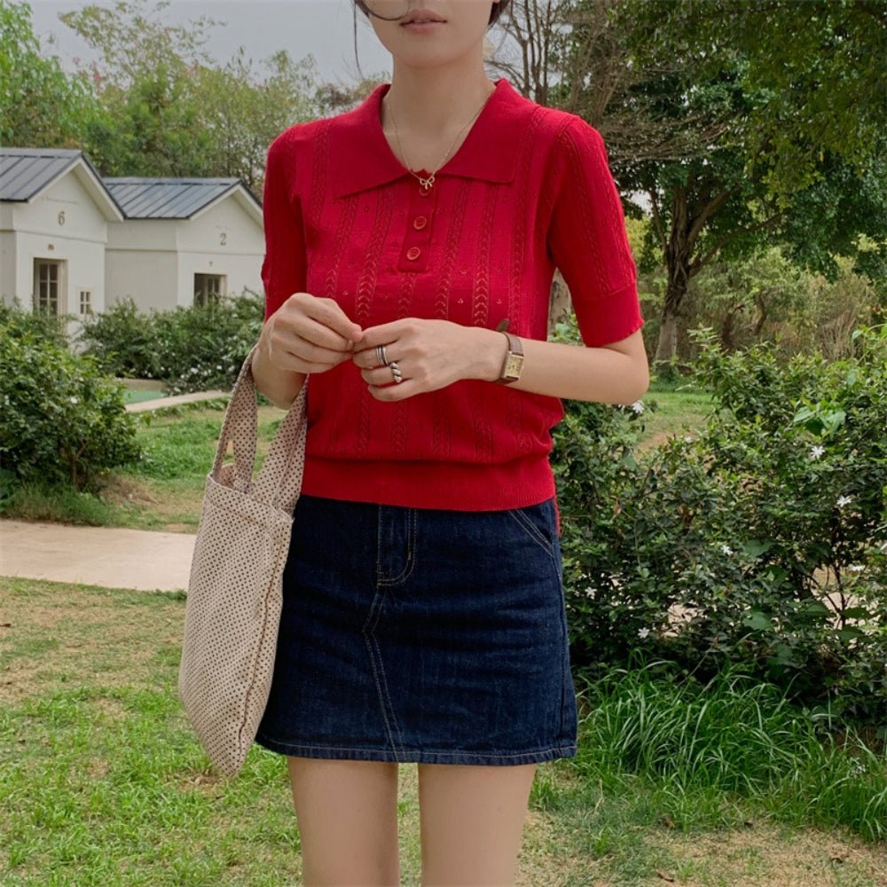 【骨格ストレートさんにおすすめ】透かし編みニットポロトップス[ミレジェネ]｜オフィスカジュアル レディース 通販【ミレジェネ】