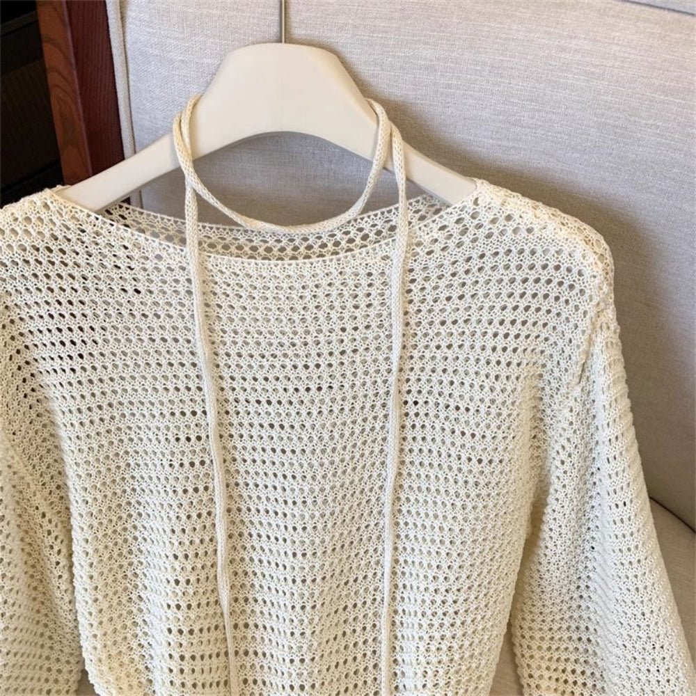 【着痩せ/通勤】ナローリボン付きメッシュニットトップス[ミレジェネ]｜オフィスカジュアル レディース 通販【ミレジェネ】