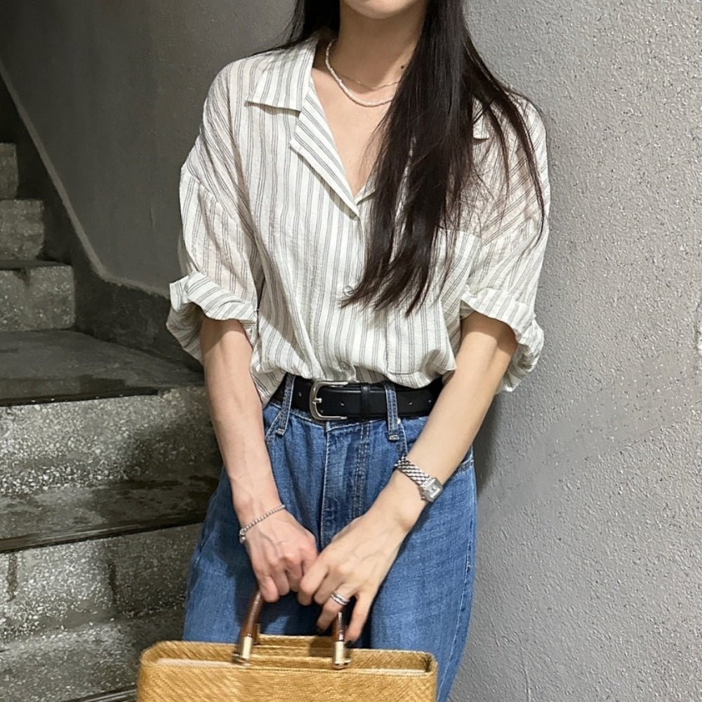ストライプ柄開襟シャツ｜オフィスカジュアル レディース 通販【ミレジェネ】