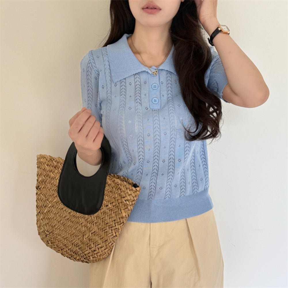 【骨格ストレートさんにおすすめ】透かし編みニットポロトップス[ミレジェネ]｜オフィスカジュアル レディース 通販【ミレジェネ】