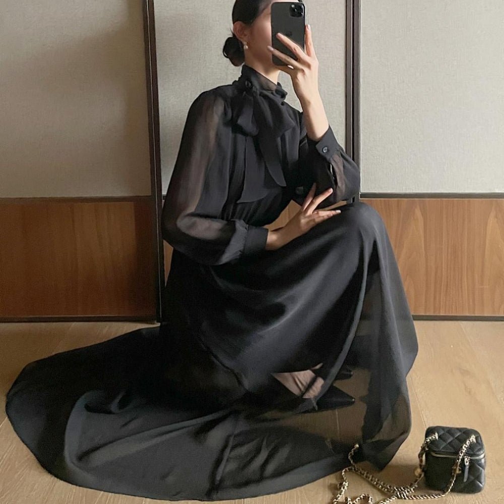 ボウタイネックシフォンフレアワンピース｜オフィスカジュアル レディース 通販【ミレジェネ】