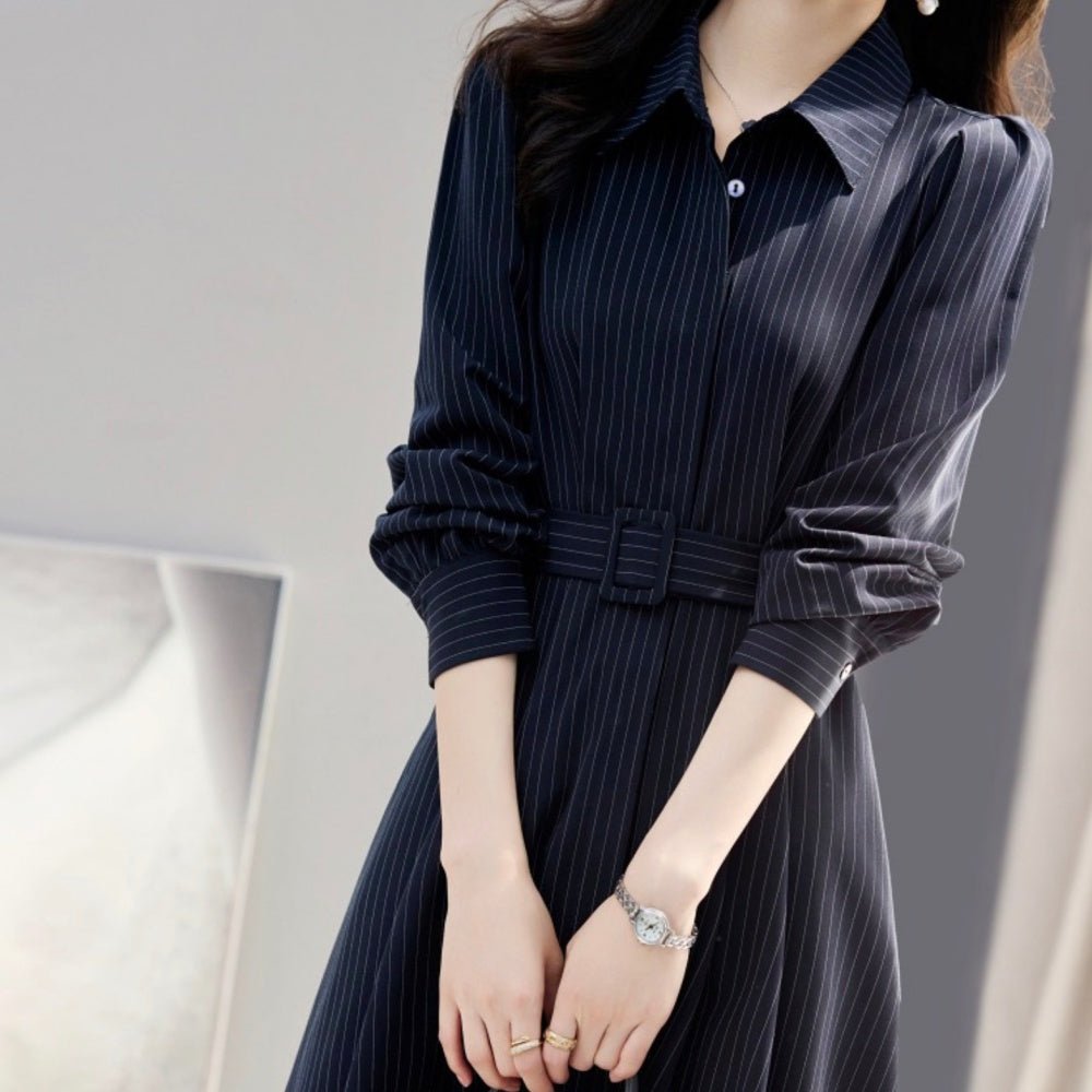 ピンストライプウエストベルトワンピース｜オフィスカジュアル