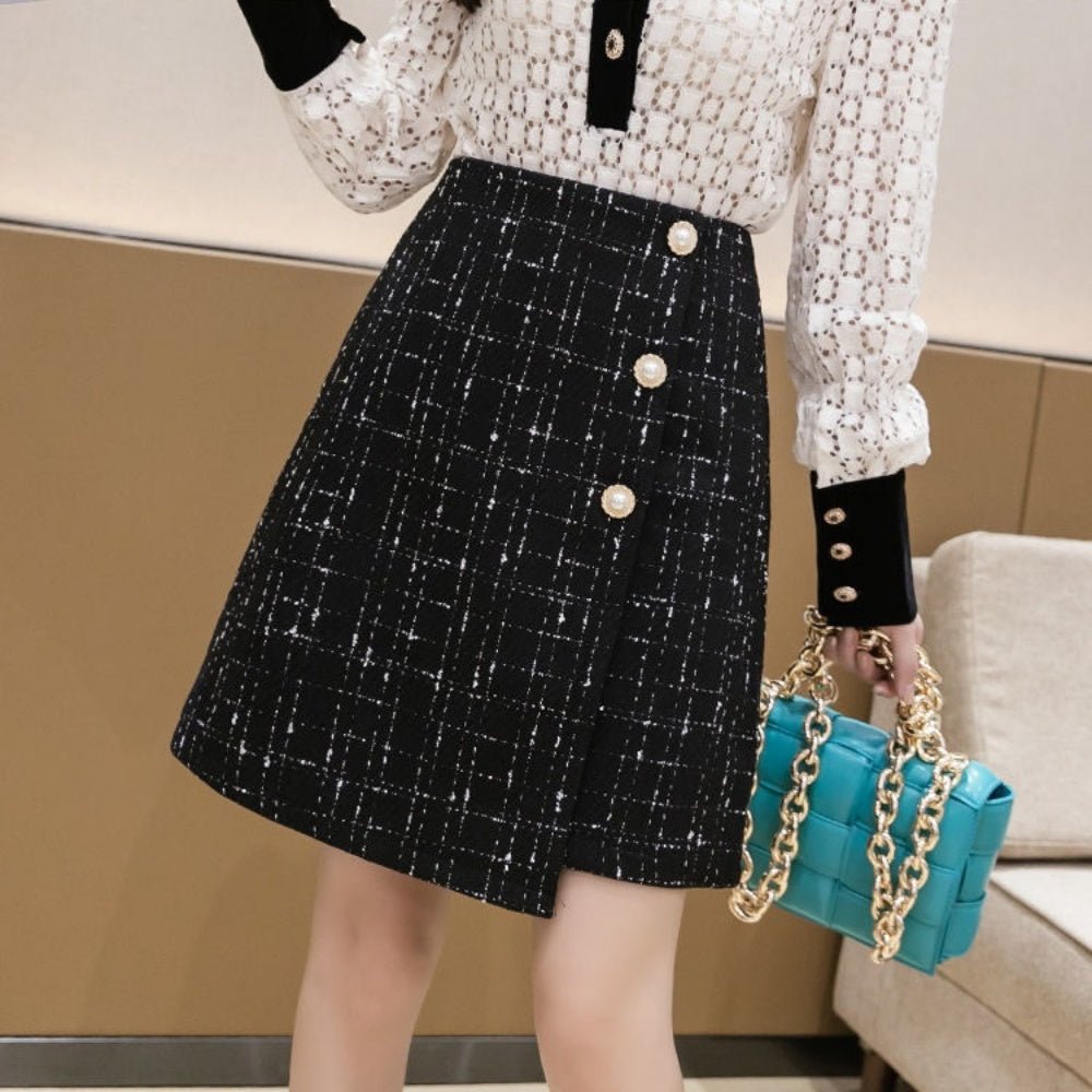 アシメボタンラップ風ツイードスカート｜オフィスカジュアル レディース 通販【ミレジェネ】