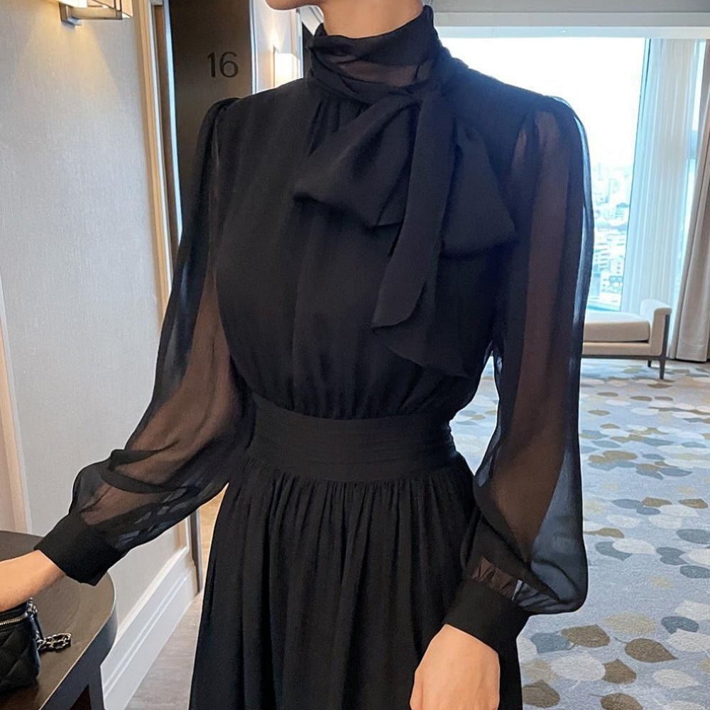 ボウタイネックシフォンフレアワンピース｜オフィスカジュアル レディース 通販【ミレジェネ】