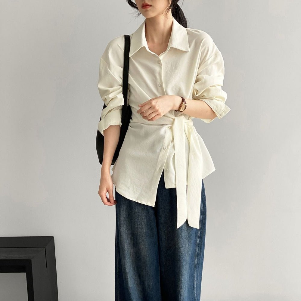 ウエスト共地ベルト付シャツブラウス｜オフィスカジュアル レディース 通販【ミレジェネ】