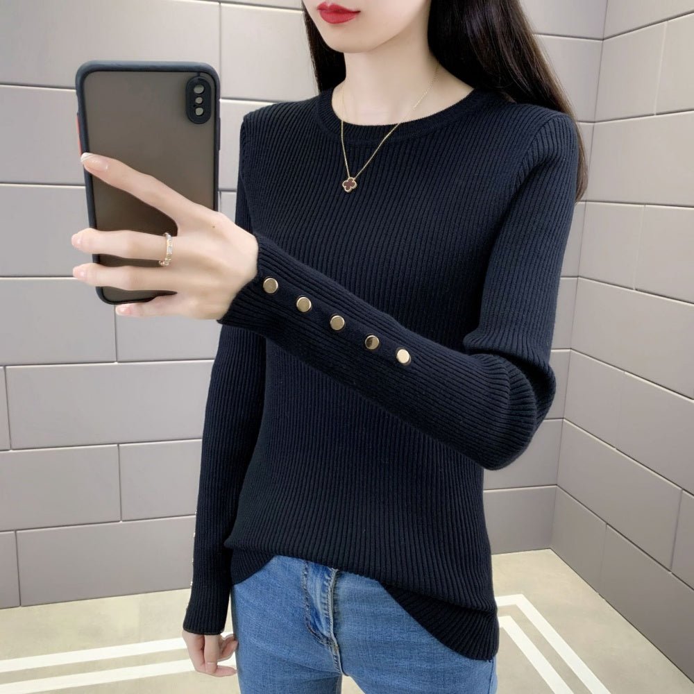 金ボタンクルーネックリブニット｜オフィスカジュアル レディース 通販【ミレジェネ】