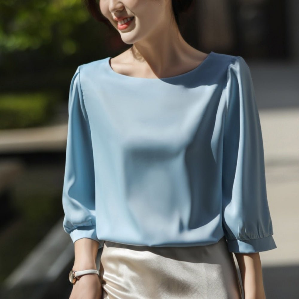 ボートネックパフスリーブ七分袖ブラウス｜オフィスカジュアル