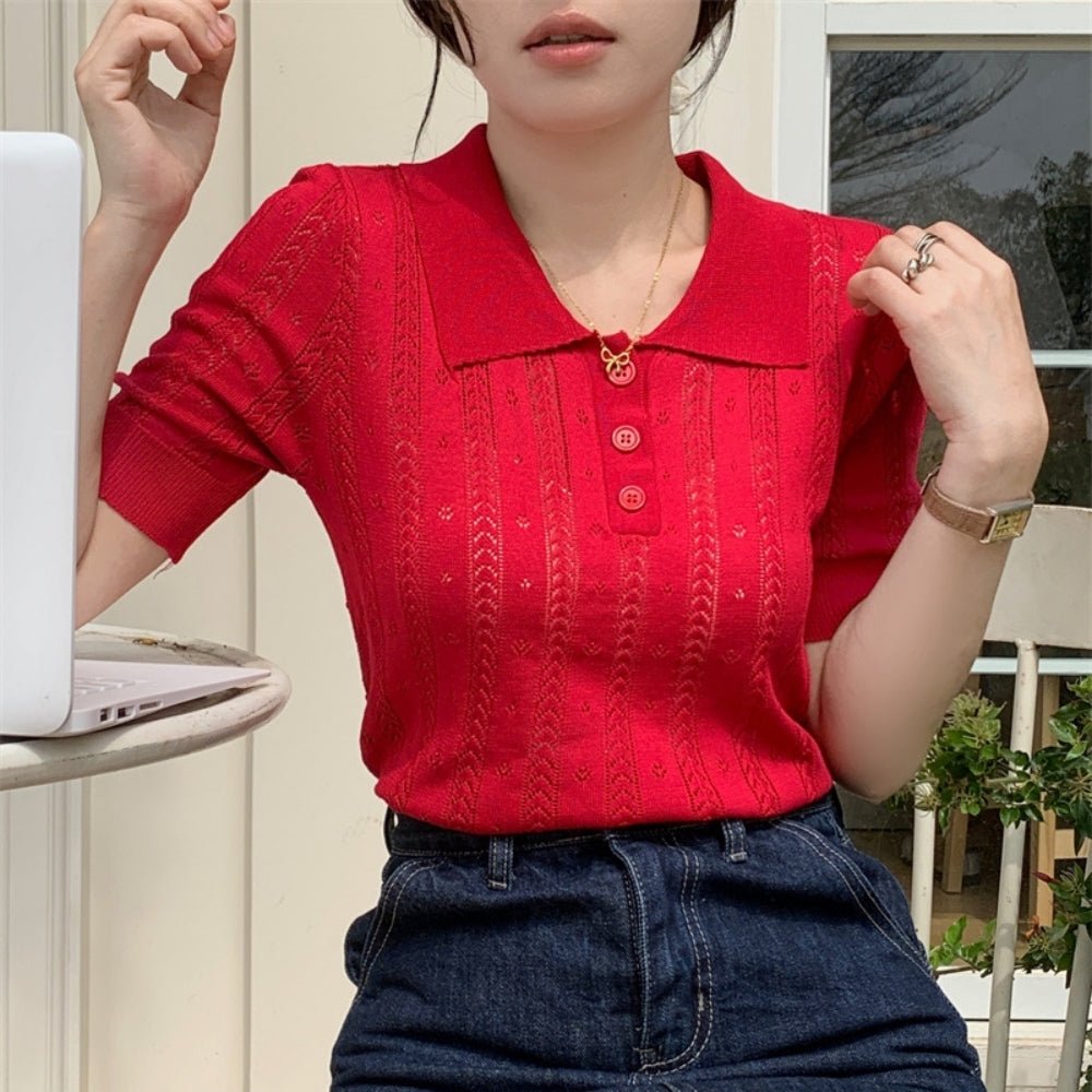 【骨格ストレートさんにおすすめ】透かし編みニットポロトップス[ミレジェネ]｜オフィスカジュアル レディース 通販【ミレジェネ】