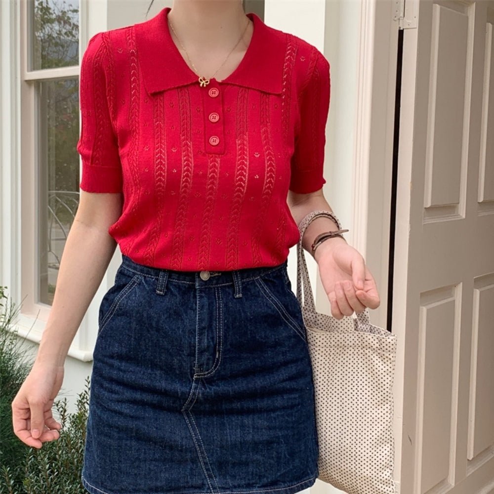 【骨格ストレートさんにおすすめ】透かし編みニットポロトップス[ミレジェネ]｜オフィスカジュアル レディース 通販【ミレジェネ】