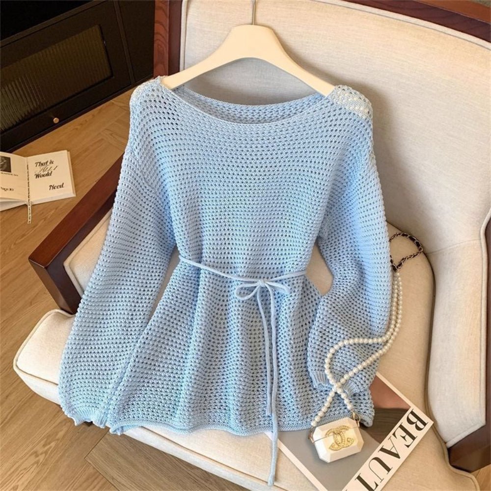 【着痩せ/通勤】ナローリボン付きメッシュニットトップス[ミレジェネ]｜オフィスカジュアル レディース 通販【ミレジェネ】