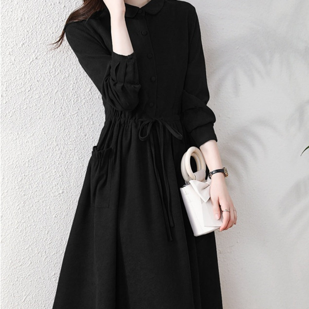 くるみボタンウエスト切り替えワンピース｜オフィスカジュアル