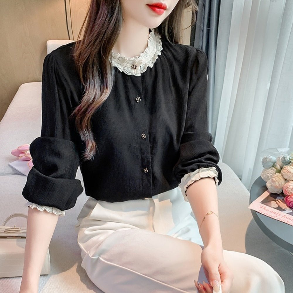 配色フリルトリムノーカラーブラウス｜オフィスカジュアル レディース 通販【ミレジェネ】