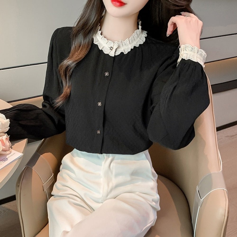 配色フリルトリムノーカラーブラウス｜オフィスカジュアル レディース 通販【ミレジェネ】