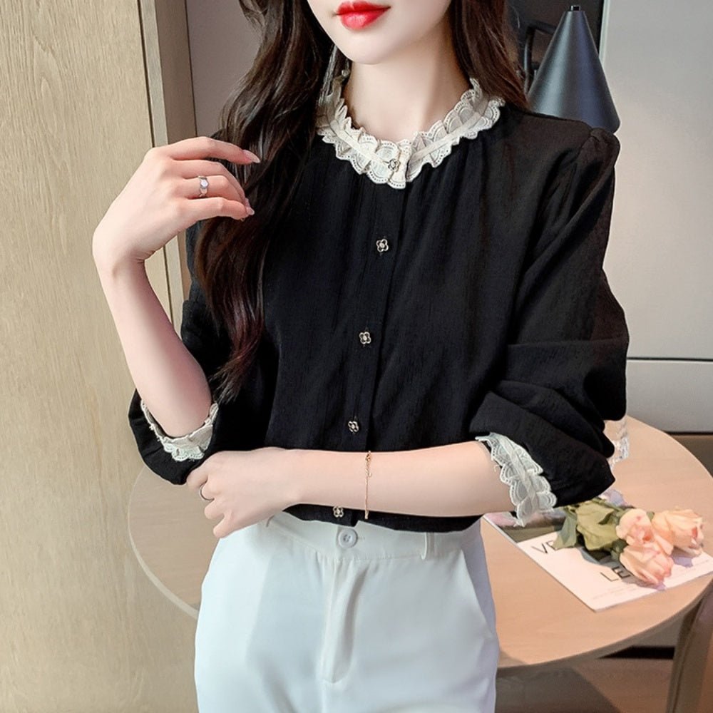 配色フリルトリムノーカラーブラウス｜オフィスカジュアル レディース 通販【ミレジェネ】