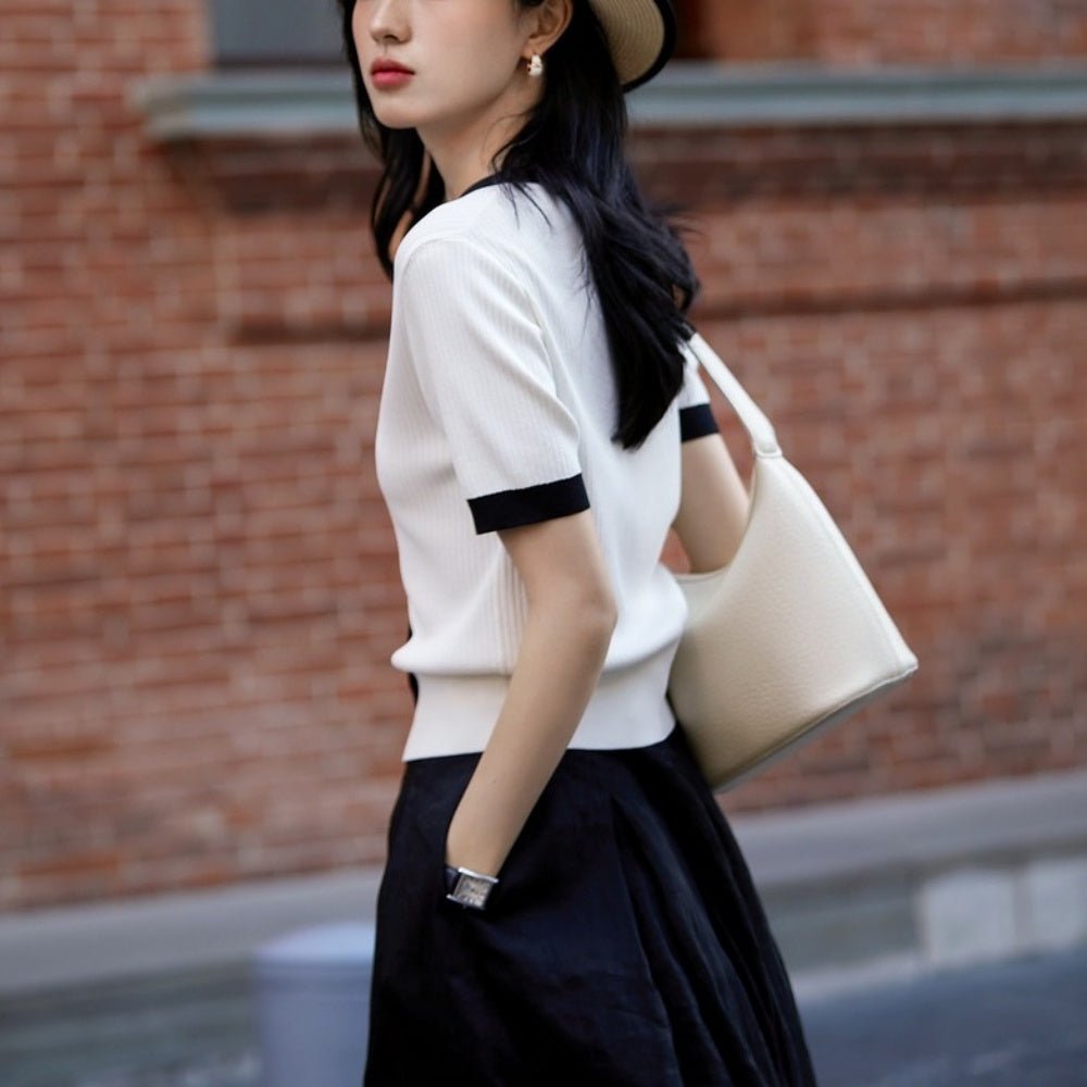 フロントボタン配色トップス｜オフィスカジュアル レディース 通販【ミレジェネ】
