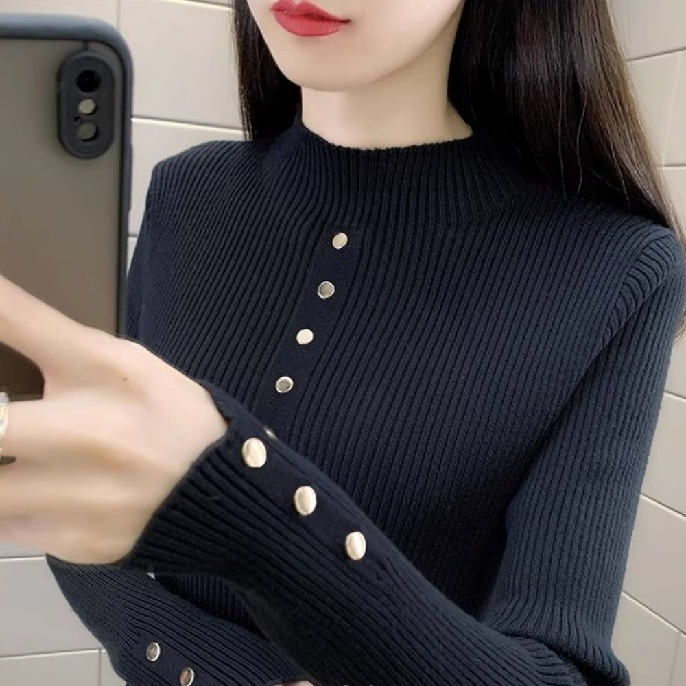 金ボタンデザインハイネックリブニット｜オフィスカジュアル レディース 通販【ミレジェネ】