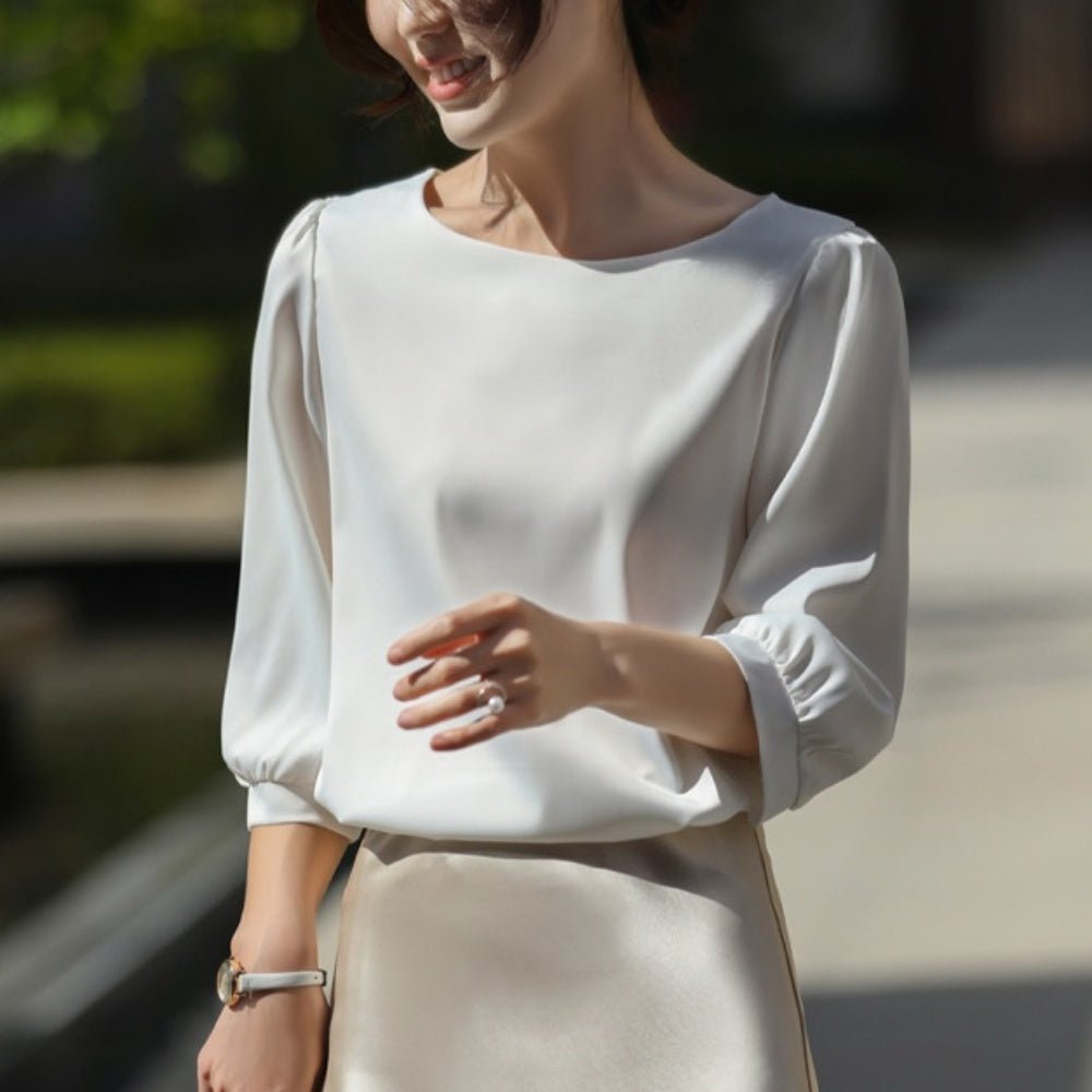 ボートネックパフスリーブ七分袖ブラウス｜オフィスカジュアル