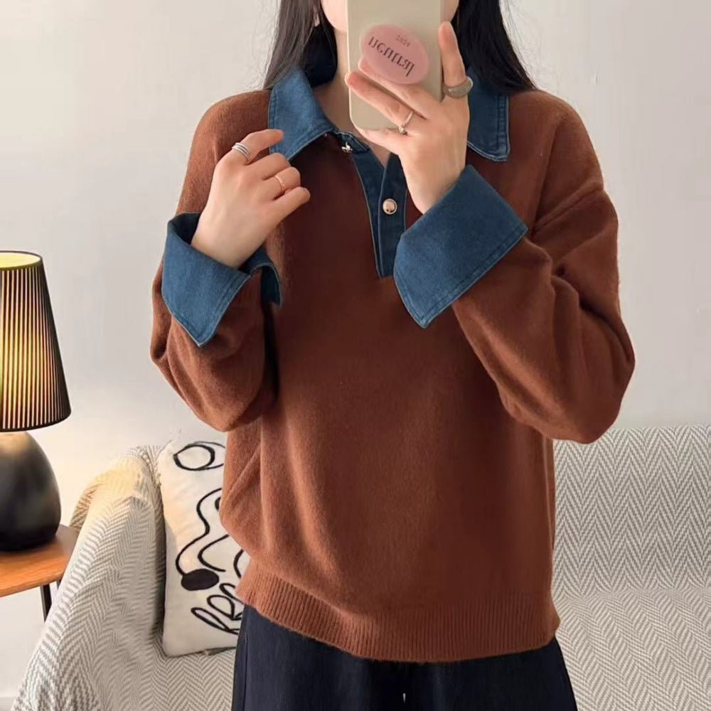 襟袖デニムフェイクレイヤードニット｜オフィスカジュアル レディース 通販【ミレジェネ】