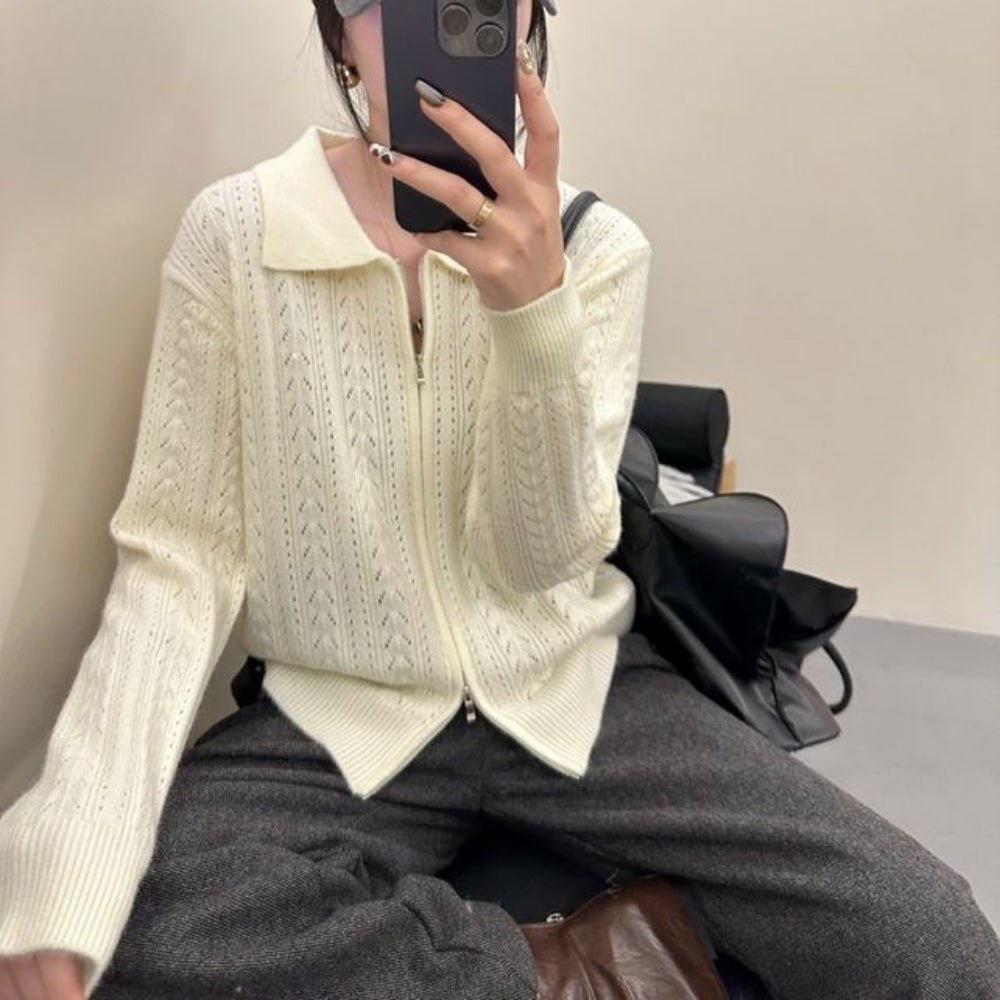 襟付き透かし編みジップアップカーデ｜オフィスカジュアル レディース 通販【ミレジェネ】