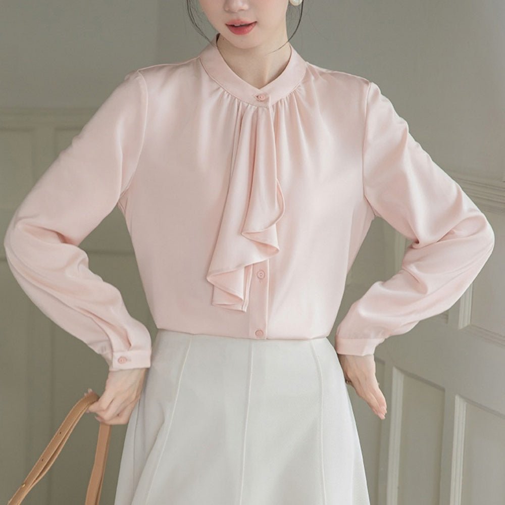 フリル付きハイネックシフォン長袖ブラウス｜オフィスカジュアル