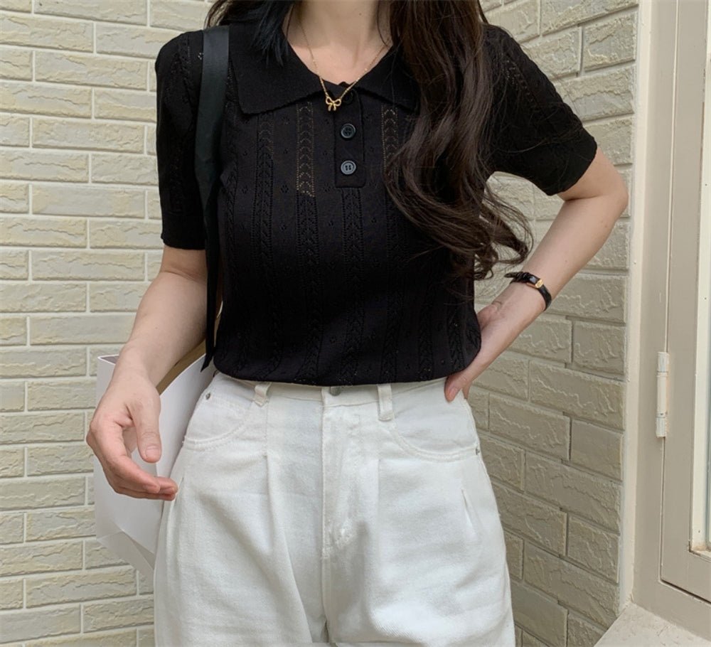 【骨格ストレートさんにおすすめ】透かし編みニットポロトップス[ミレジェネ]｜オフィスカジュアル レディース 通販【ミレジェネ】