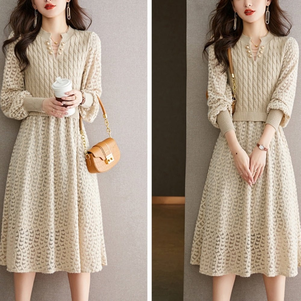 ランタンスリーブシースルー編みニットワンピース｜オフィスカジュアル レディース 通販【ミレジェネ】