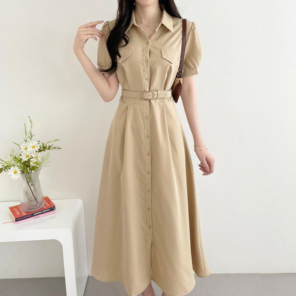 ウエストベルトパフスリーブ前ボタンワンピース｜オフィスカジュアル