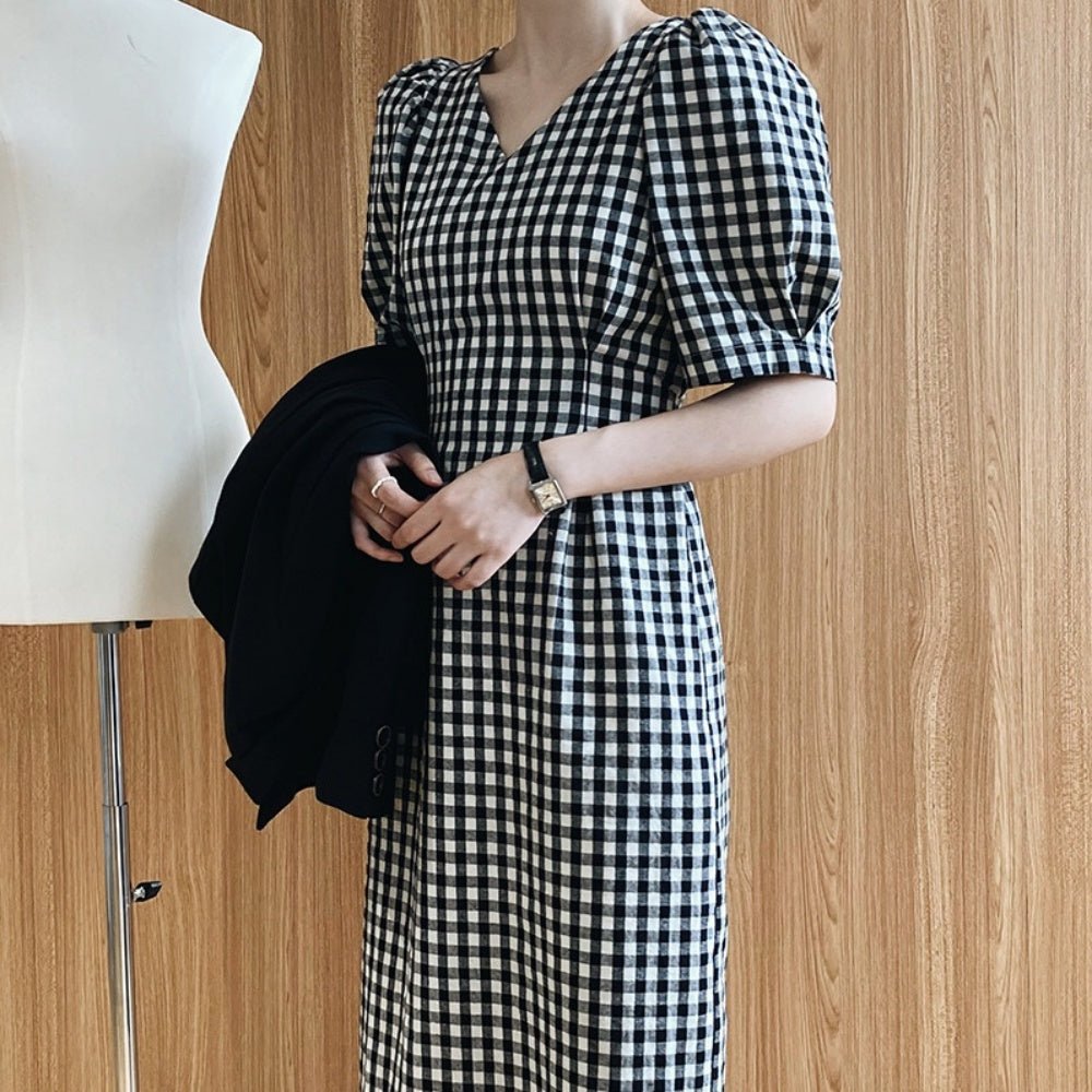 即納>パフスリーブチェック柄ワンピース｜オフィスカジュアル