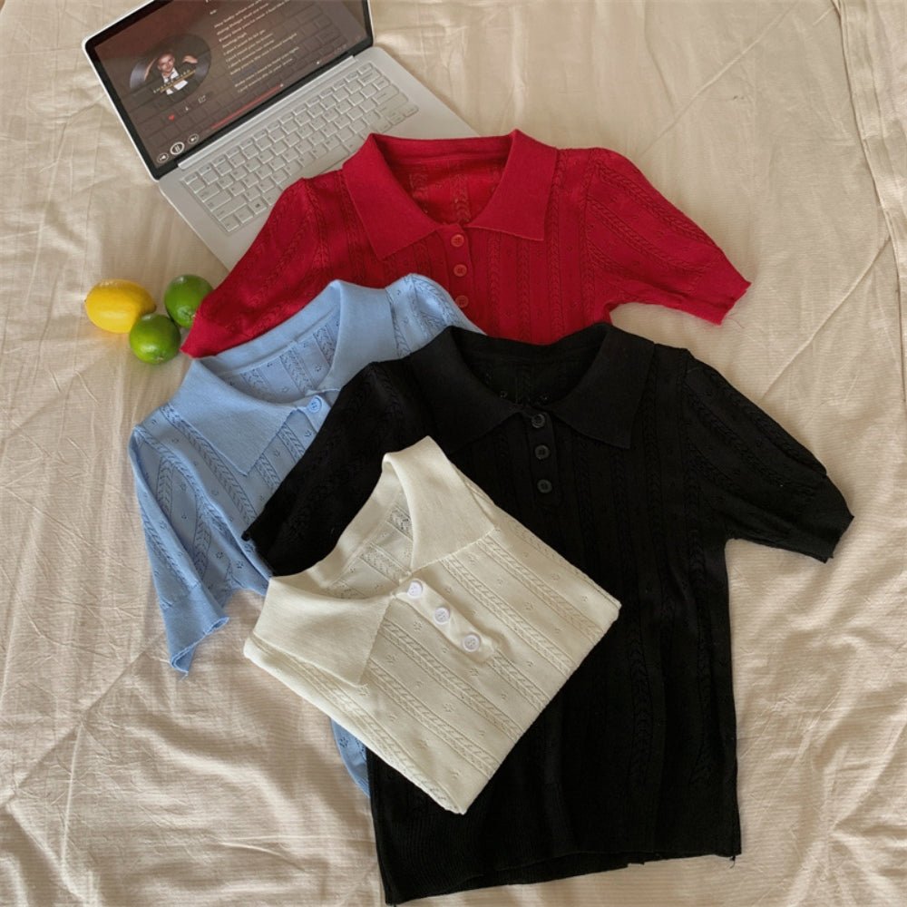 【骨格ストレートさんにおすすめ】透かし編みニットポロトップス[ミレジェネ]｜オフィスカジュアル レディース 通販【ミレジェネ】