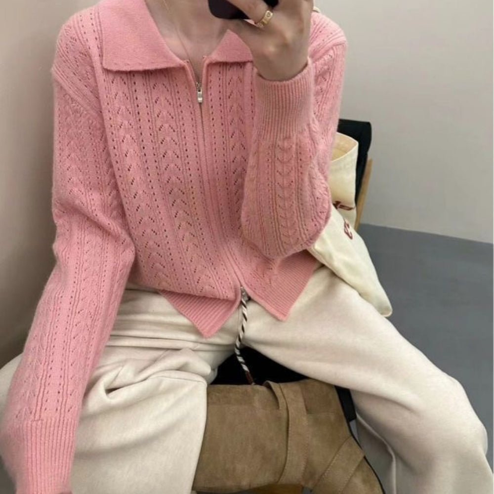 襟付き透かし編みジップアップカーデ｜オフィスカジュアル レディース 通販【ミレジェネ】