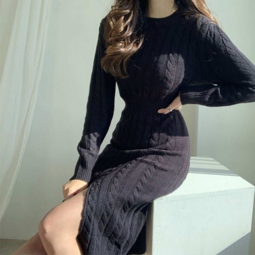 スリット入りケーブルニットワンピース｜オフィスカジュアル レディース 通販【ミレジェネ】